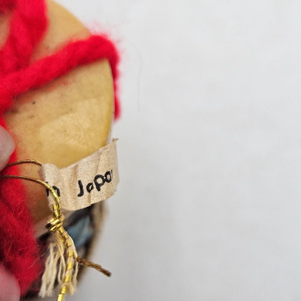 Vintage Japan Christmas Ornament Sleders Red Yarn Bow Folk Art